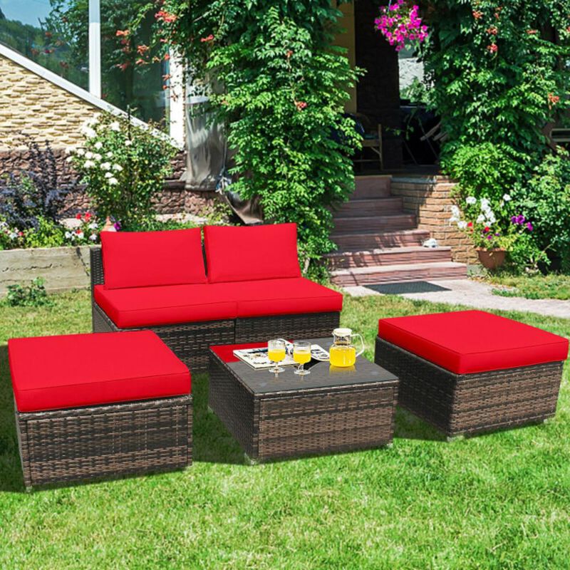 Hivvago 5 Pieces Patio Rattan Furniture Set with Cushioned Armless Sofa-Red