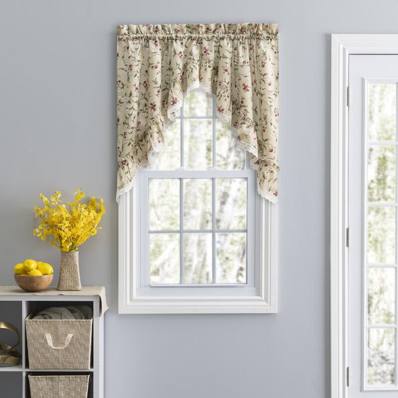 Ellis Curtain Cherries Ruffled 1.5" Rod Pocket Swag for Windows Lace Edge 58" x 36" Natural