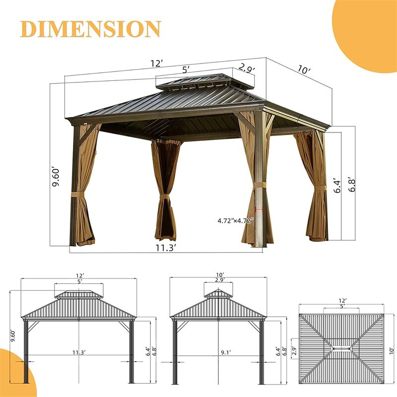 MONDAWE Hardtop Gazebo Outdoor Aluminum Gazebos Grill with Galvanized Steel Double Canopy for Patios Deck Backyard,Curtains&Netting