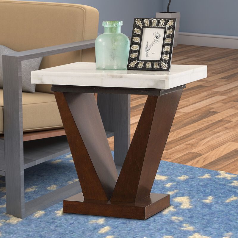 Square Marble Top End Table With Wooden "V" Shape Base, White And Brown-Benzara