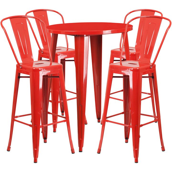Flash Furniture Callum Commercial Grade 30" Round Red Metal Indoor-Outdoor Bar Table Set with 4 Cafe Stools
