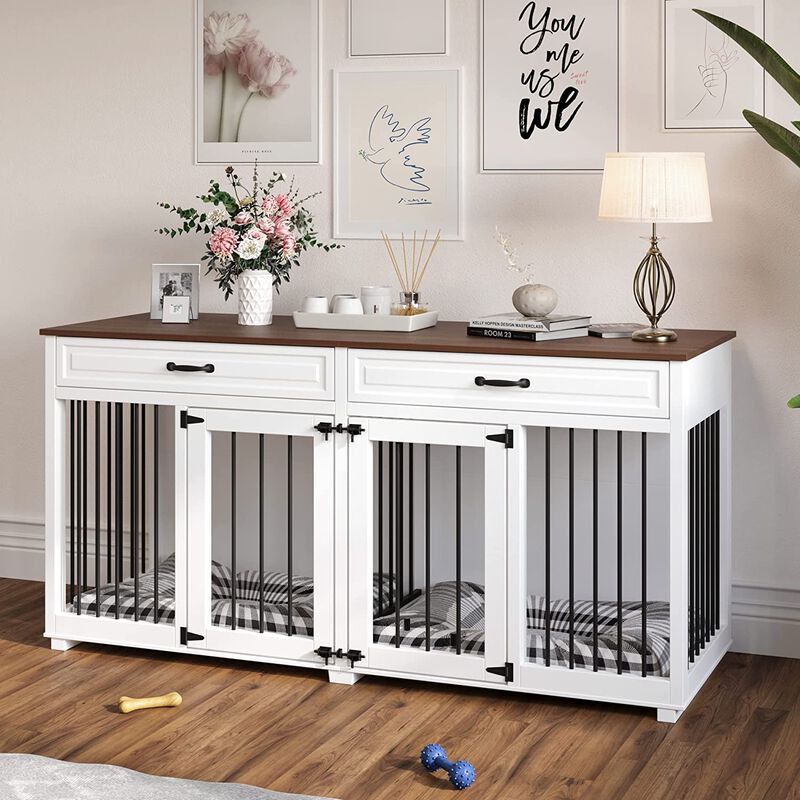 64.6 in. Large Dog House Furniture, Indoor Wooden Dog Crate Kennel with 2-Drawers and Divider for Medium or 2 Small Dogs