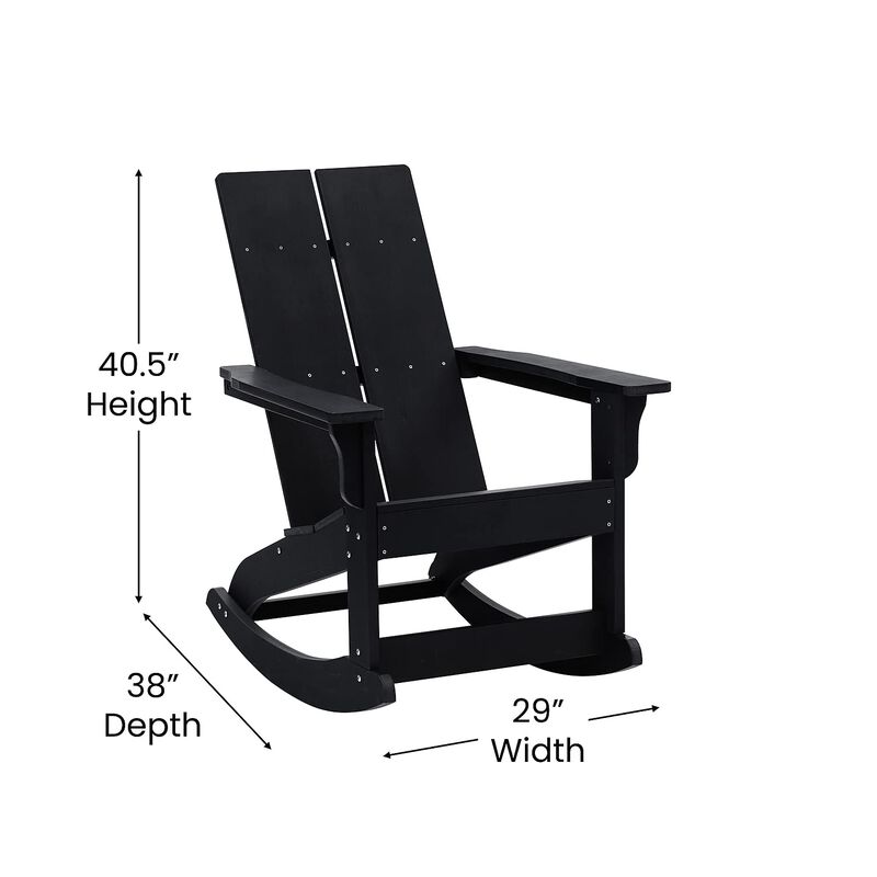 Flash Furniture Finn Modern Commercial Poly Resin Wood Adirondack Rocking Chair - All Weather Black Polystyrene - Dual Slat Back - Stainless Steel Hardware - Set of 2