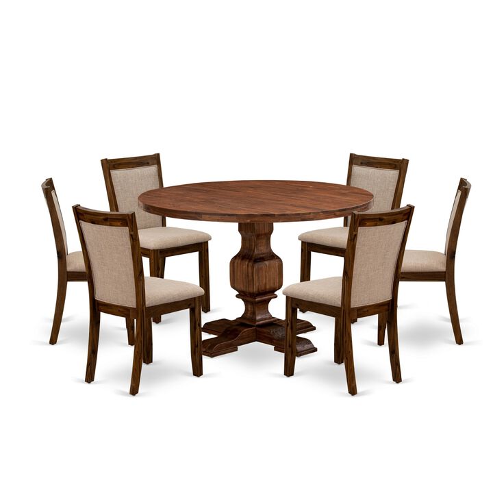 East West Furniture I3MZ7-N04 7-Piece Dining Room Set - Round Wood Dining Table and 6 Light Tan Color Parson Chairs with High Back - Antique Walnut Finish