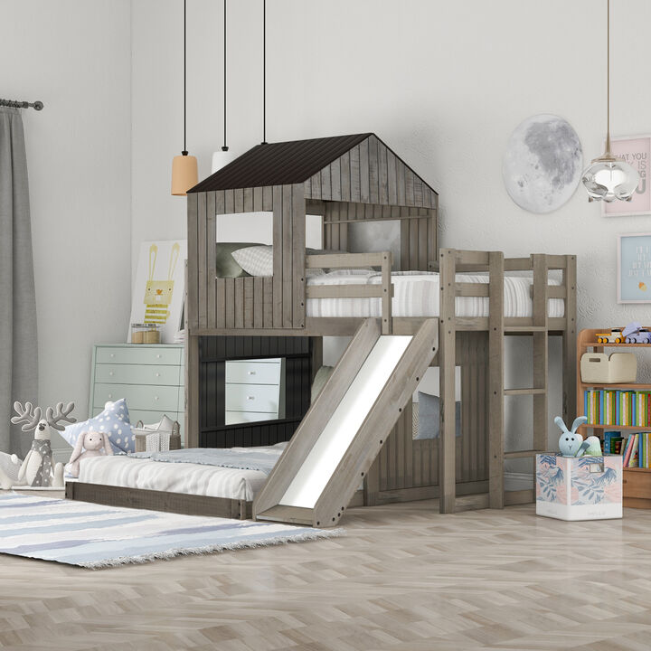 Wooden Twin Over Full Bunk Bed, Loft Bed With Playhouse, Farmhouse, Ladder, Slide And Guardrail