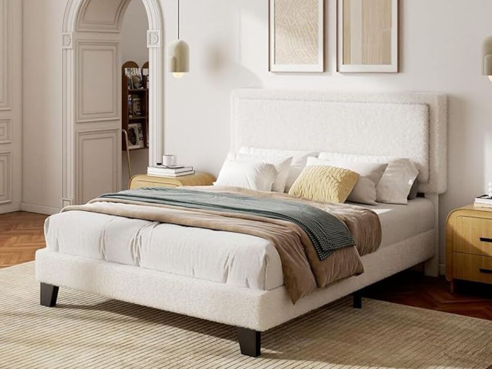 Queen Bed Frame With Adjustable Headboard, Boucle Cloud Platform Bed With Wood Slats, Mattress Foundation, No Box Spring Needed, Easy Assembly, Beige