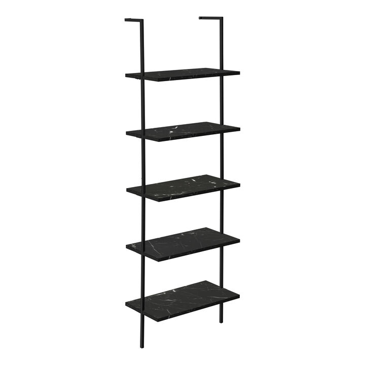 Monarch Specialties I 3684 Bookshelf, Bookcase, Etagere, Ladder, 5 Tier, 72"H, Office, Bedroom, Metal, Laminate, Black Marble Look, Black, Contemporary, Modern