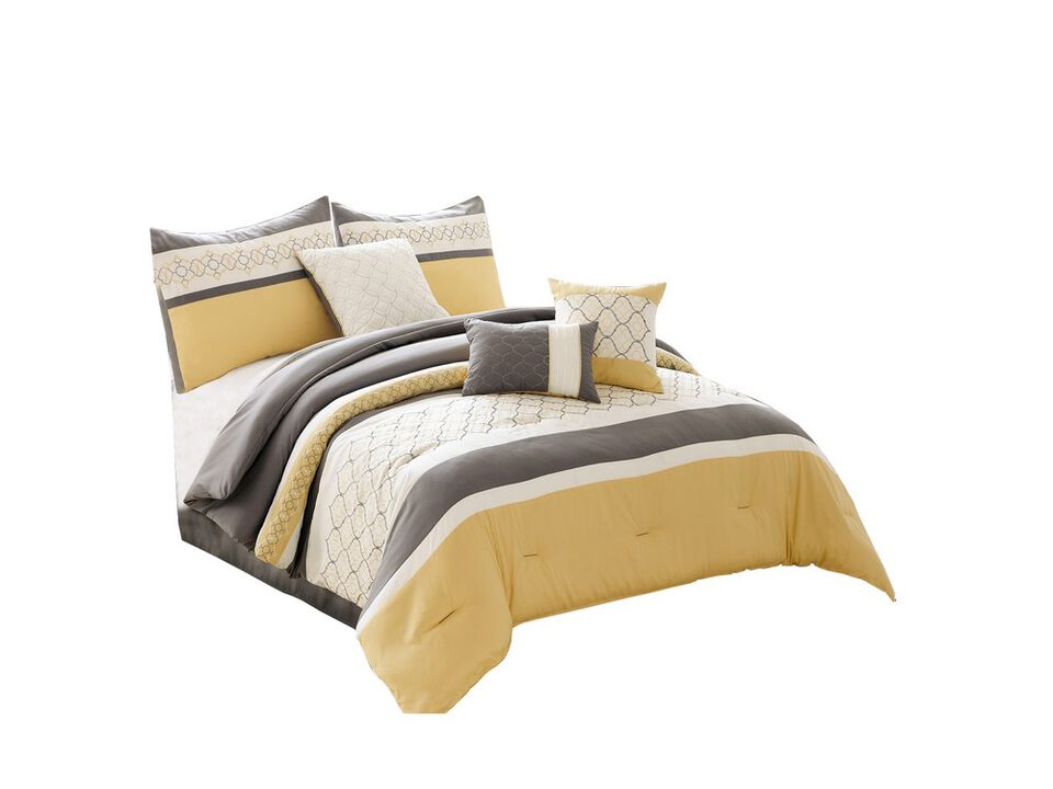Quatrefoil Print King Size 7 Piece Fabric Comforter Set, Yellow and Gray - Benzara