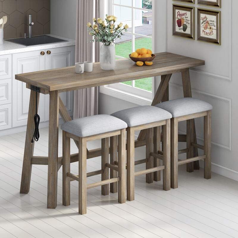 Multipurpose Home Kitchen Dining Bar Table Set with 3 Upholstered Stools(Natural Wood Wash)