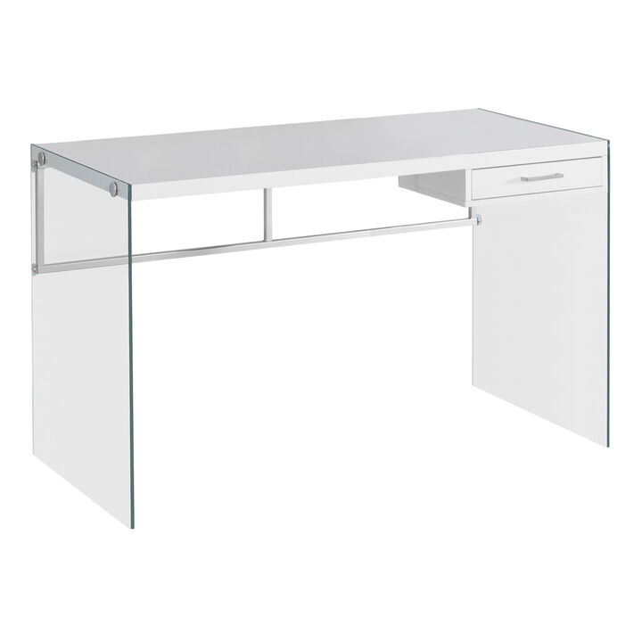 Monarch Specialties I 7209 Computer Desk, Home Office, Laptop, Storage Drawers, 48"L, Work, Tempered Glass, Laminate, Glossy White, Clear, Contemporary, Modern