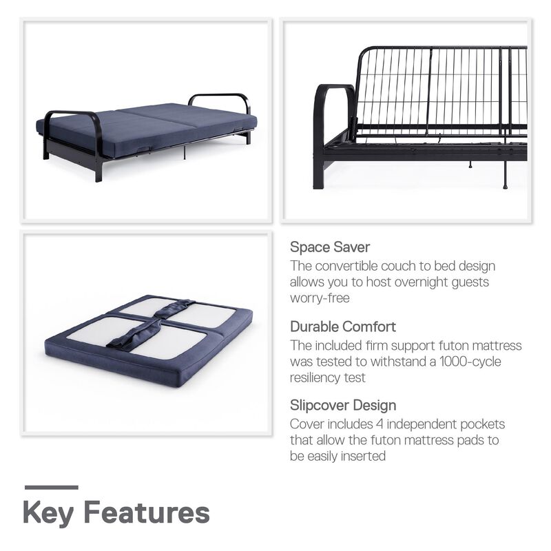 Karli Black Metal Arm Futon Frame with 6" Blue Mattress and extra Black Slipcover