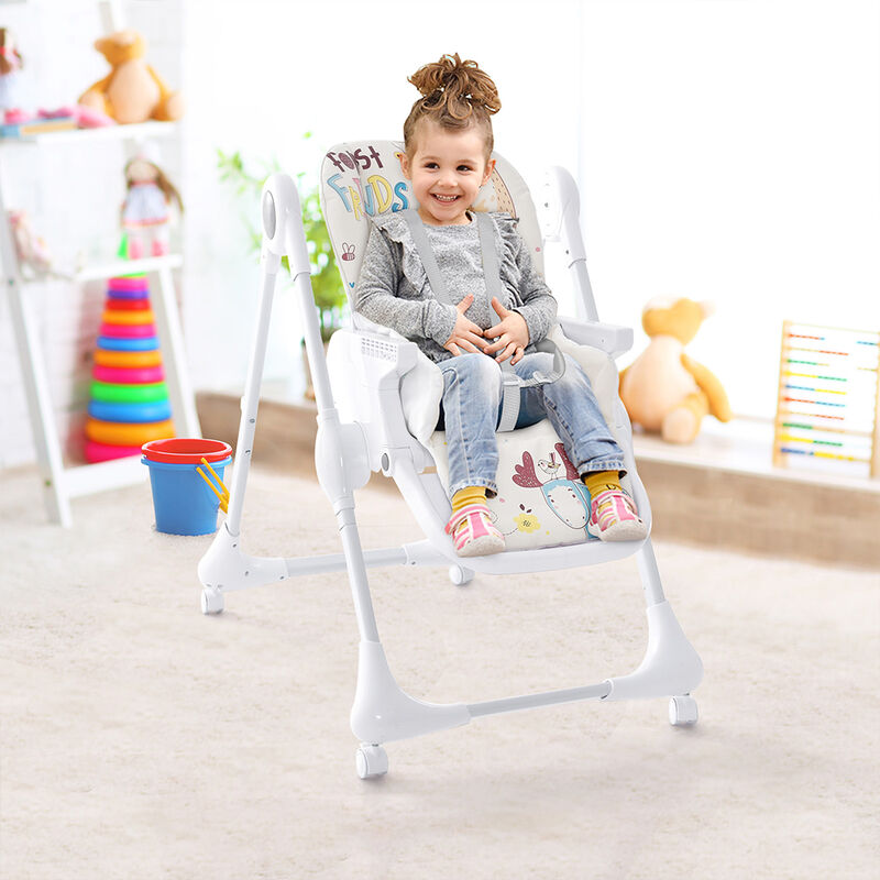 3-In-1 Convertible Highchair with Adjustable Height and 5-Point Safety Belt and Lockable Wheels