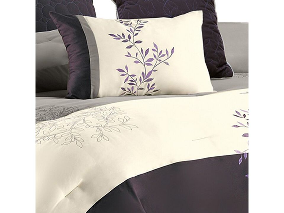 7 Piece Queen Polyester Comforter Set with Leaf Embroidery, Gray and Purple - Benzara