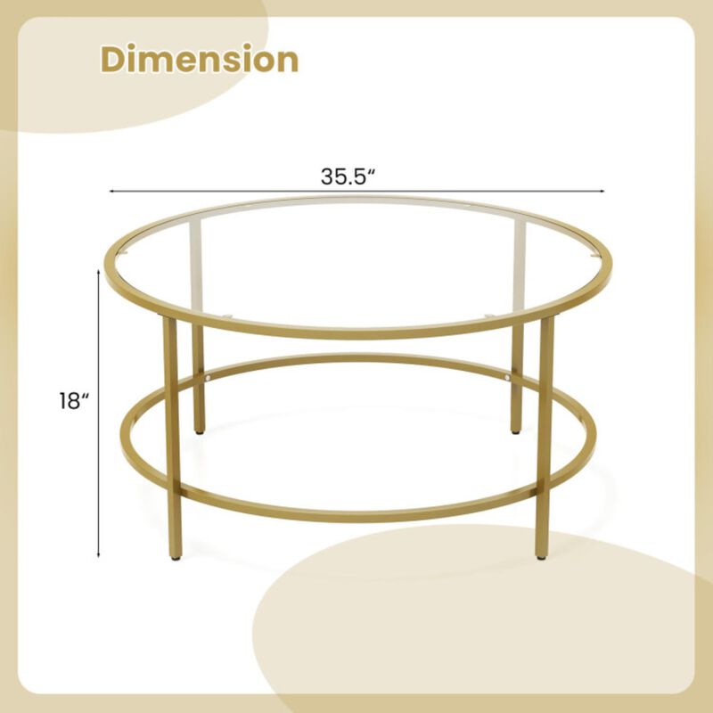 Hivvago 35.5 Inch Round Coffee Table with Tempered Glass Tabletop