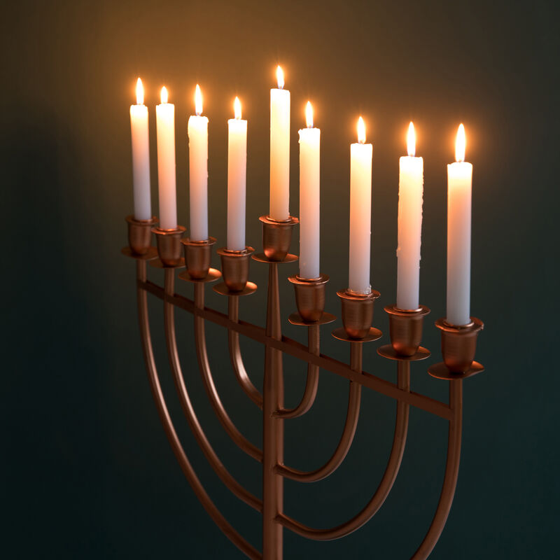 Modern Solid Metal Judaica Hanukkah Menorah 9 Branched Candelabra, Copper Medium