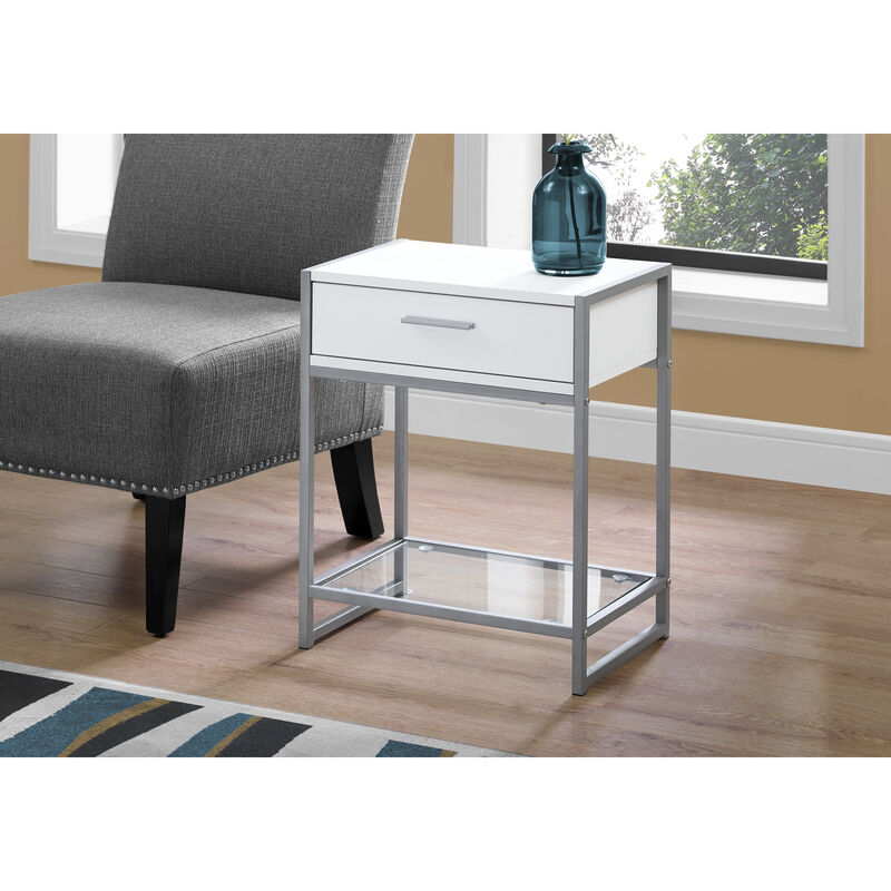 Monarch Specialties I 3503 Accent Table, Side, End, Nightstand, Lamp, Storage Drawer, Living Room, Bedroom, Metal, Laminate, Tempered Glass, White, Grey, Contemporary, Modern