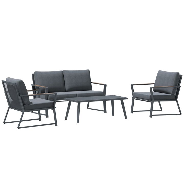 Dark Grey 4 Piece Aluminum Patio Furniture Set: Conversation Set, Outdoor Garden Sofa Set with Armchairs, Loveseat, Coffee Table and Cushions