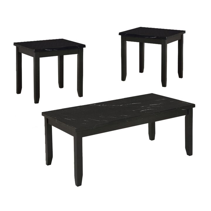 Lide 3 Piece Coffee Table and End Table Set, Faux Marble Top, Black Wood - Benzara