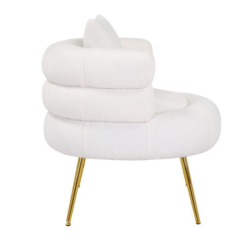 Lisa 34 Inch Accent Chair, Barrel Shaped, Soft Ivory Teddy Upholstery, Gold - Benzara