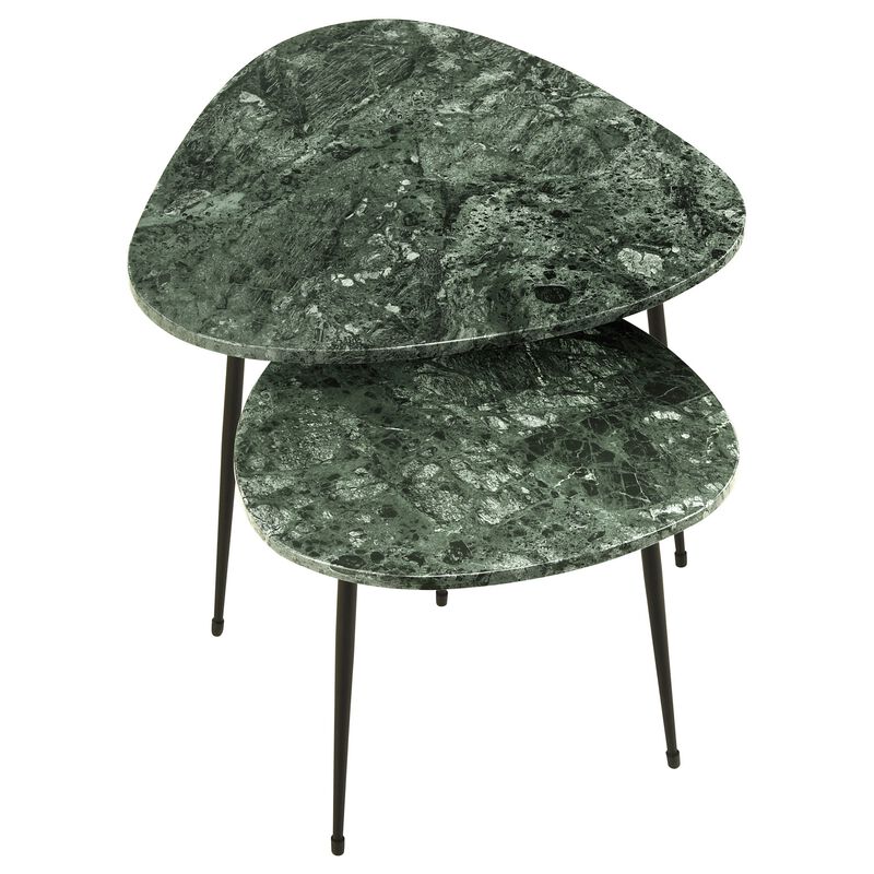 2 Piece Nesting Accent Table Set, Triangular Marble Top, Green, Black - Benzara