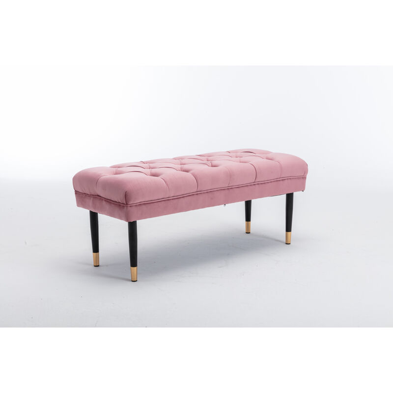 Tufted Bench Modern Velvet Button Upholstered Ottoman benches Bedroom Rectangle Fabric Footstool with Metal Legs for Living Room Entryway, Pink