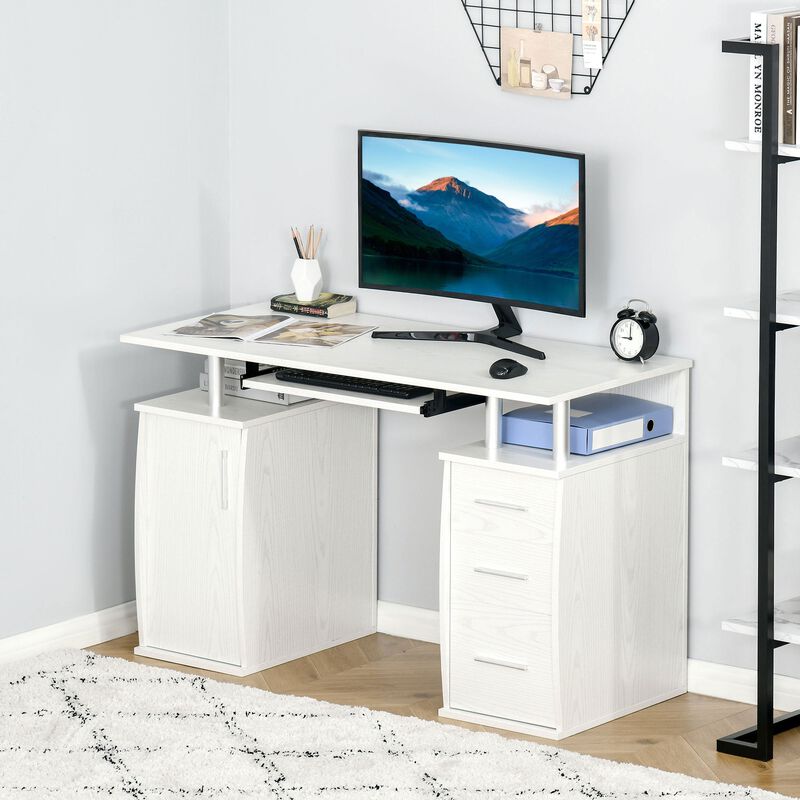 White Home Office: 47" Computer Desk with Keyboard Tray and Storage