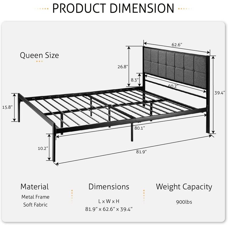 Hivvago Queen Metal Platform Bed Frame with Gray Button Tufted Upholstered Headboard