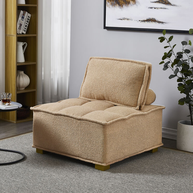 Lazy Sofa Ottoman With Gold Wooden Legs Teddy Fabric (Khaki)