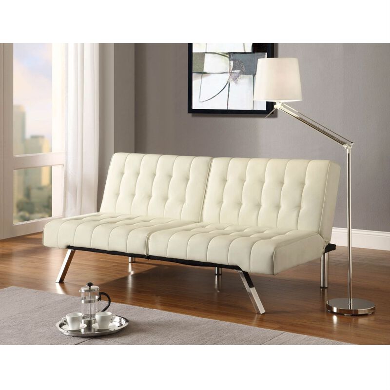 Split back Modern Futon Style Sleeper Sofa Bed in Vanilla Faux Leather