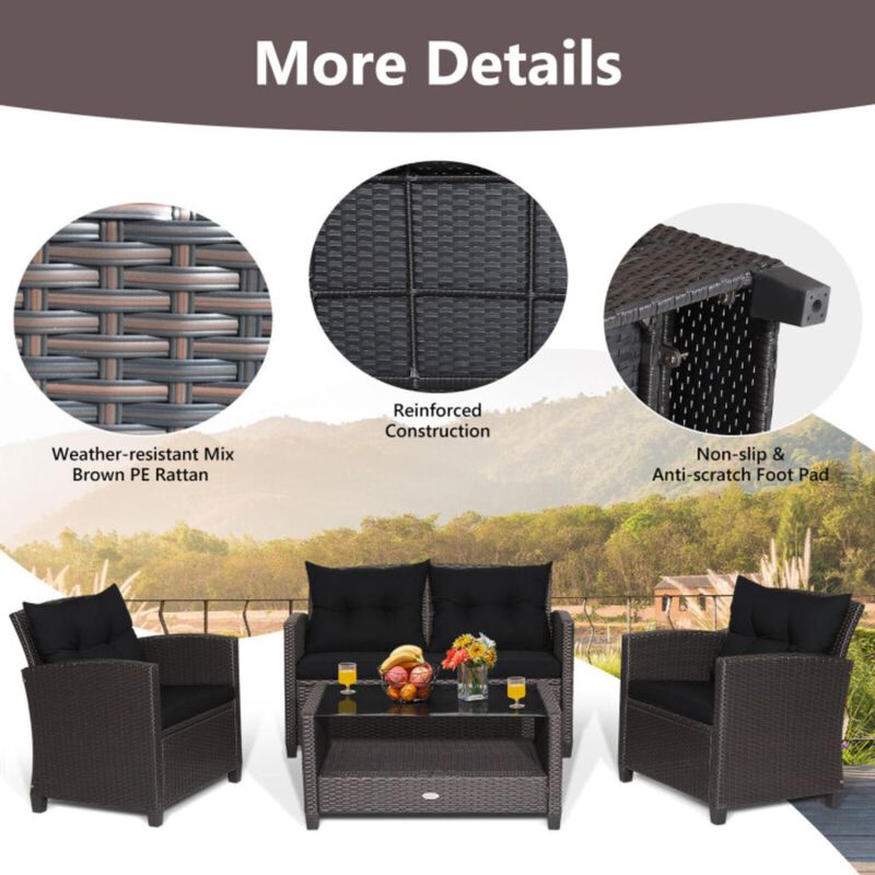 Hivvago 4 Pieces Patio Rattan Furniture Set with Tempered Glass Coffee Table