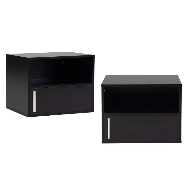 JAXPETY Set of 2 Wall Mounted Nightstand, Wood Floating Bedside Table with Storage Open Shelf, End Table Cabinet for Bedroom Living Room, Black