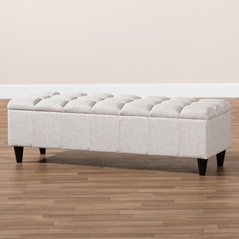 Light Blue Fabric Upholstered Dark Brown Finished Wood Storage Bench Ottoman