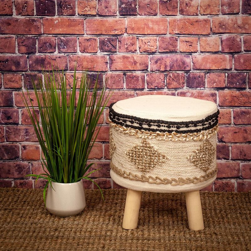 Homezia 16" Beige Jute And Wood Brown Round Abstract Ottoman