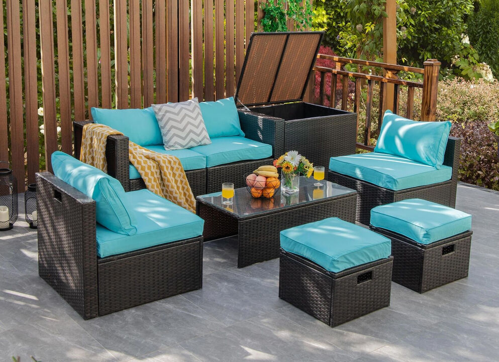 8 Pieces Patio Space-Saving Rattan Furniture Set with Storage Box and Waterproof Cover