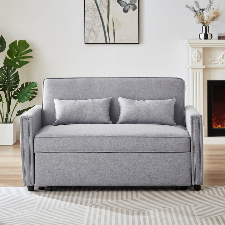 Modern Linen Convertible Loveseat Sleeper Sofa Couch with Adjustable Backrest, 2 Seater Sofa With Pull-Out Bed with 2 Lumbar Pillows For Small Living Room & Apartment