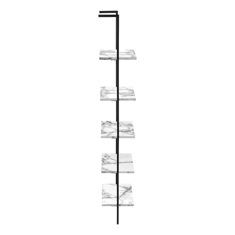 Monarch Specialties I 3685 Bookshelf, Bookcase, Etagere, Ladder, 5 Tier, 72"H, Office, Bedroom, Metal, Laminate, White Marble Look, Black, Contemporary, Modern