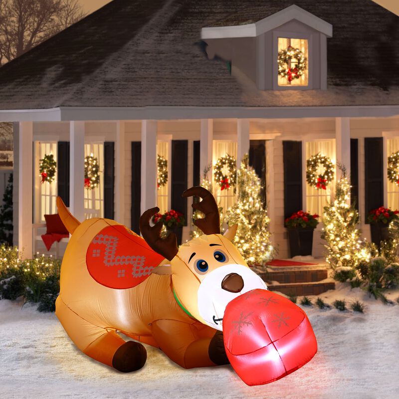 LuxenHome 9Ft Reindeer and Gift Inflatable with LED Lights