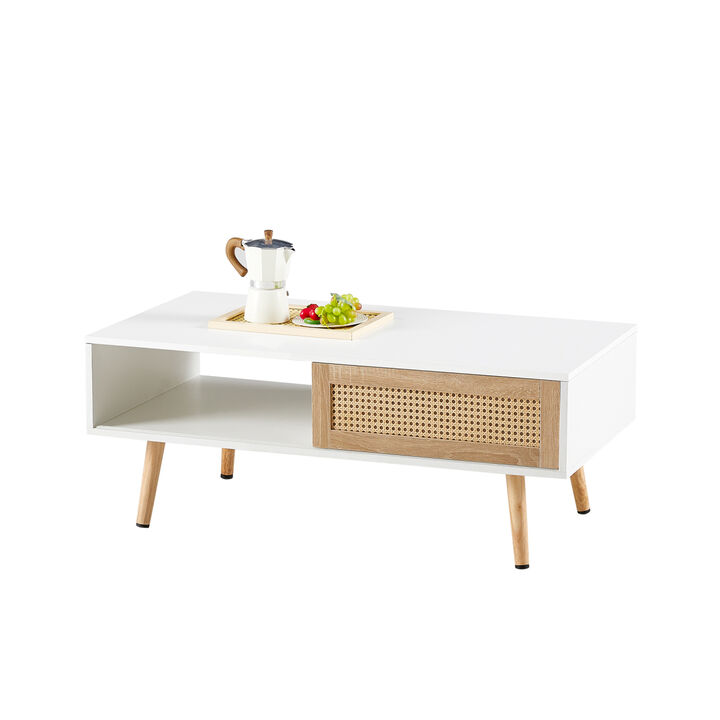 41.34" Rattan Coffee Table, White