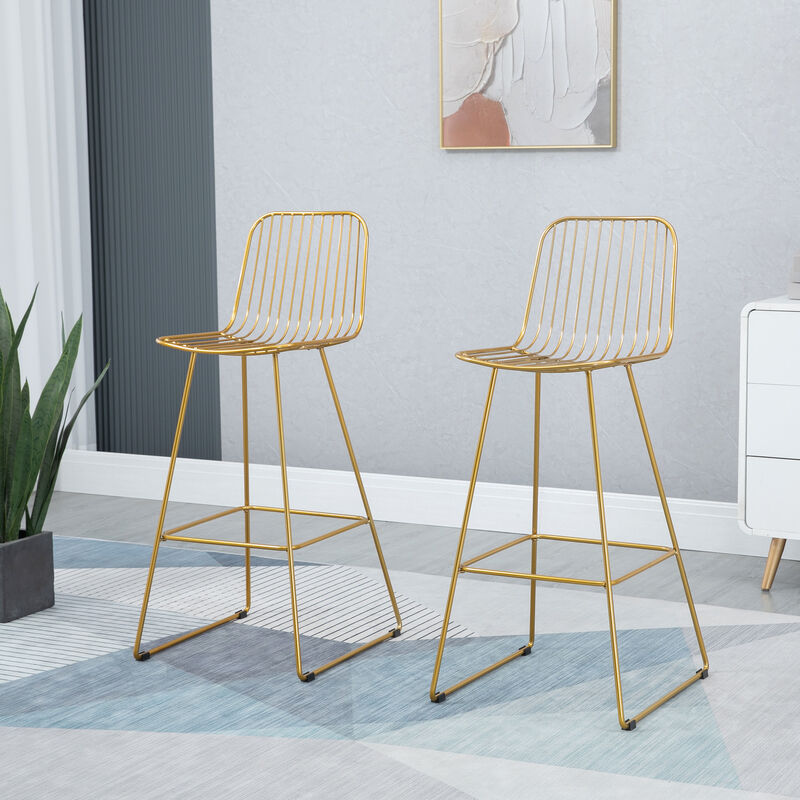 HOMCOM Modern Bar Stools, Metal Wire Bar Height Barstools, 30" Seat Height Bar Chairs for Kitchen with Back and Footrest, Set of 2, Gold