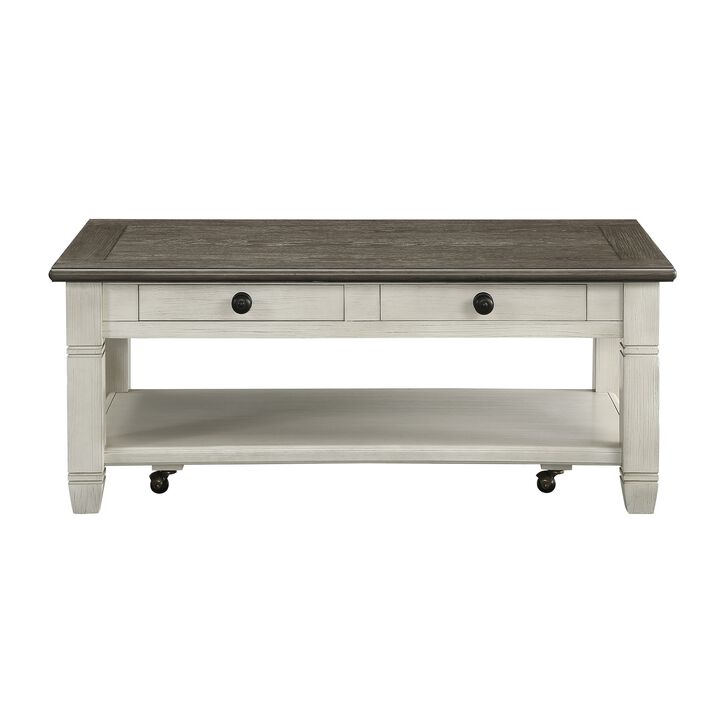 Rome 48 Inch Cocktail Coffee Table, 2 Drawers, White and Brown, Solid Wood - Benzara