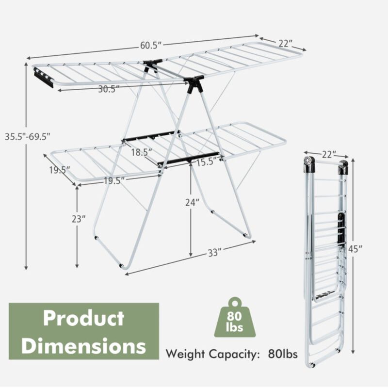 2-Level Foldable Clothes Drying Rack with Adjustable Gullwing