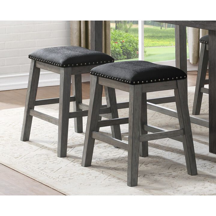 Gray Finish Set of 2 Counter Height Barstool Black Faux Leather Seat Nailhead Trim Casual Dining Furniture