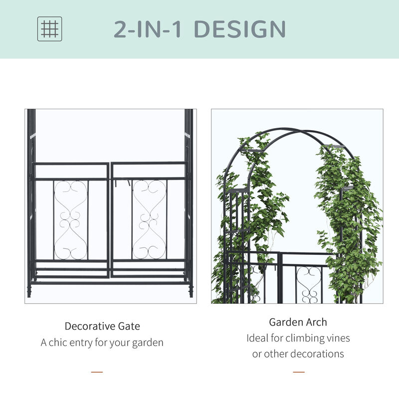 Outsunny 81" Metal Garden Arbor with Double Doors, Locking Gate, Climbing Vine Frame with Heart Motifs, Arch for Wedding, Bridal Party Decoration, Grey