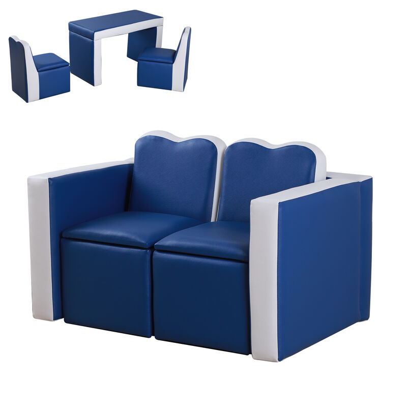 Kids Leather Sofa Armchair Multi-functional Table Chair Set Storage Blue