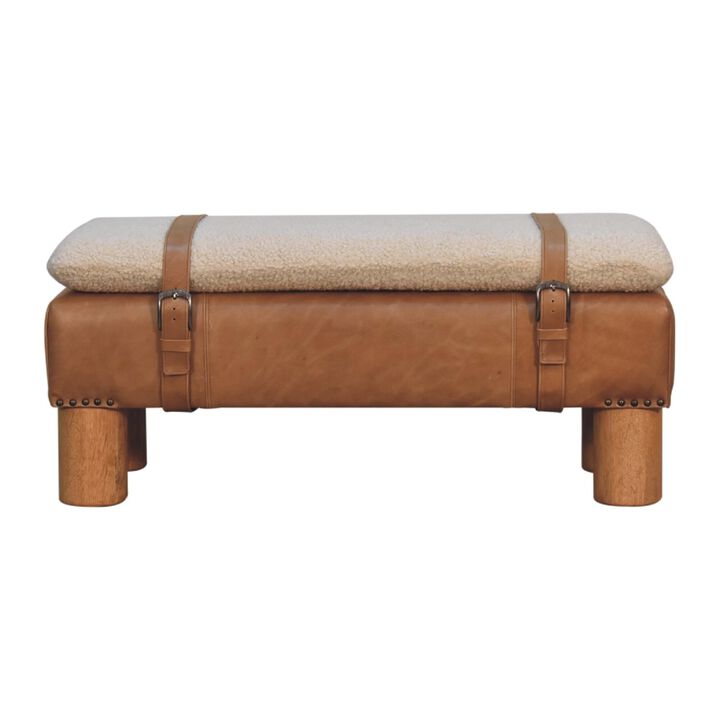 Strapped Cyclinder Solid Wood Leather Boucle  Bench