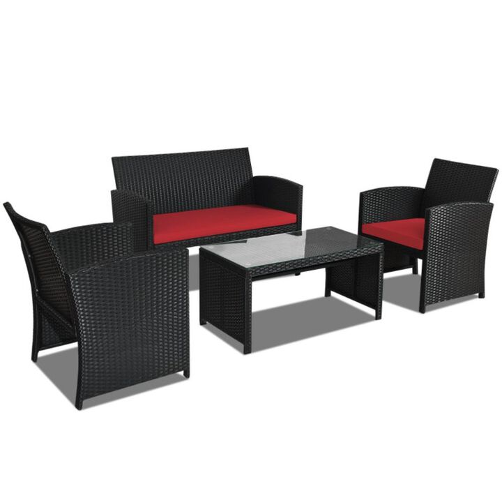 Hivvago 4 Pieces Rattan Patio Furniture Set with Weather Resistant Cushions and Tempered Glass Tabletop