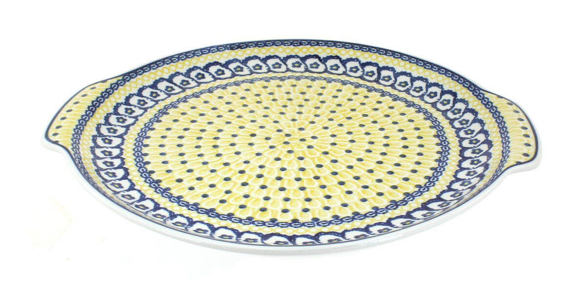 Blue Rose Polish Pottery Peacock Swirl Round Serving Tray with Handles