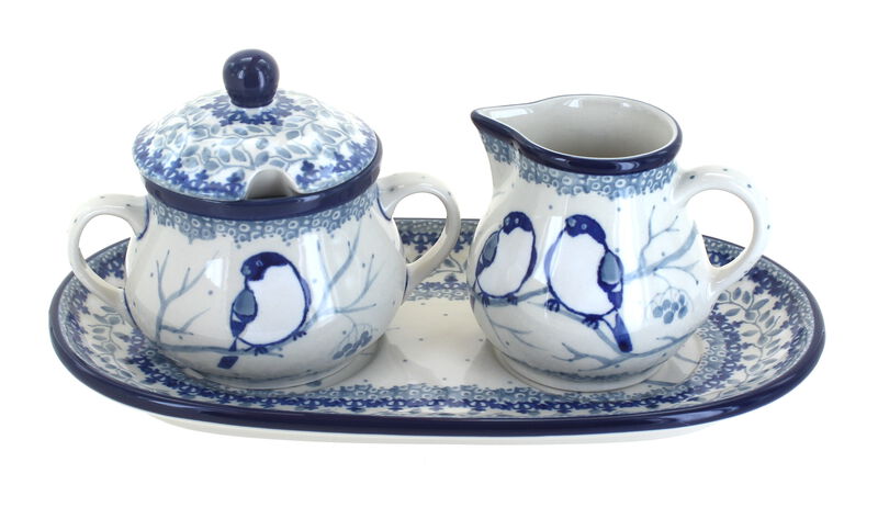 Blue Rose Polish Pottery Lily of the Valley Small Cream & Sugar Set with Tray