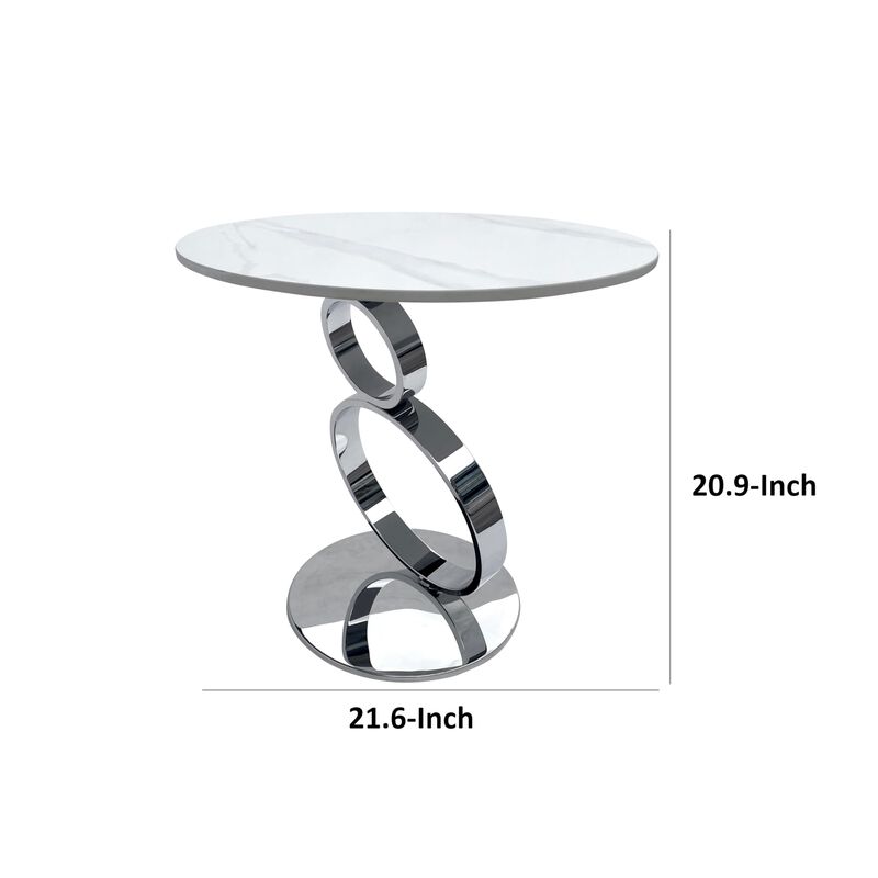 Benjara Tiyo 22 Inch Accent End Table, Round Sintered Stone Top, Silver Steel, White and Chrome