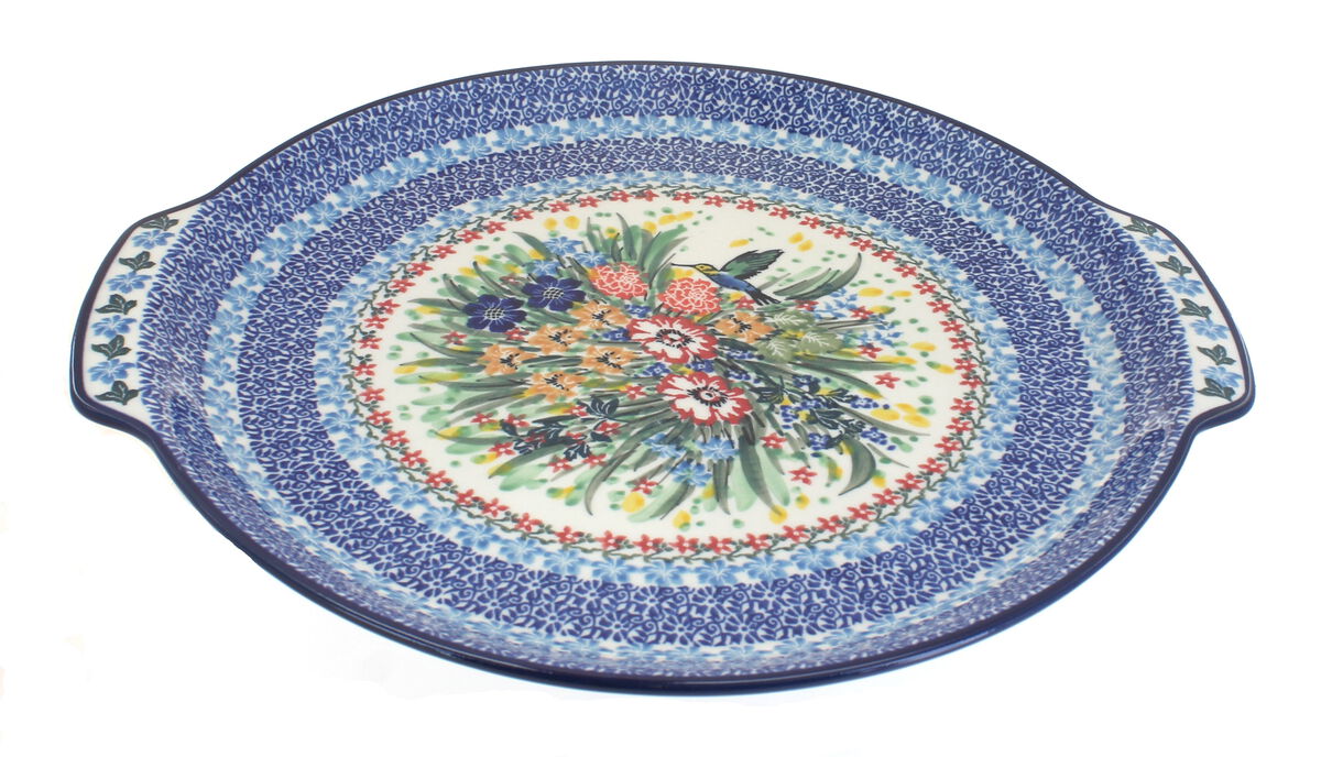 Blue Rose Polish Pottery Peacock Swirl Round Serving Tray with Handles